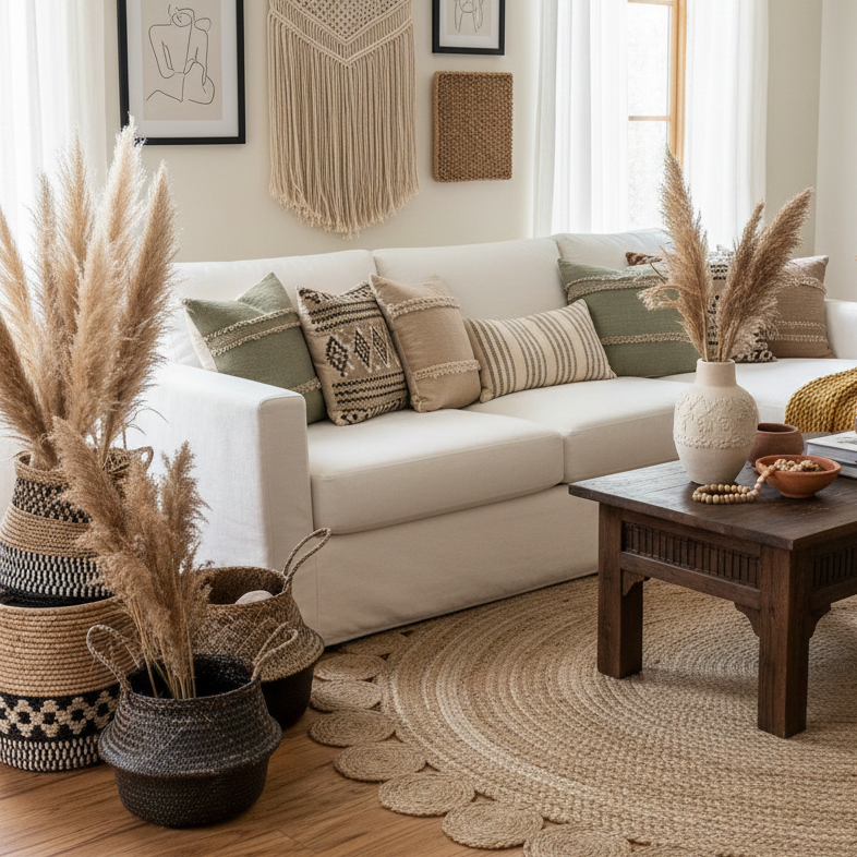 living room with cream colored sofa, and accents of woven baskets, textured wall hangings and woven throw pillows 